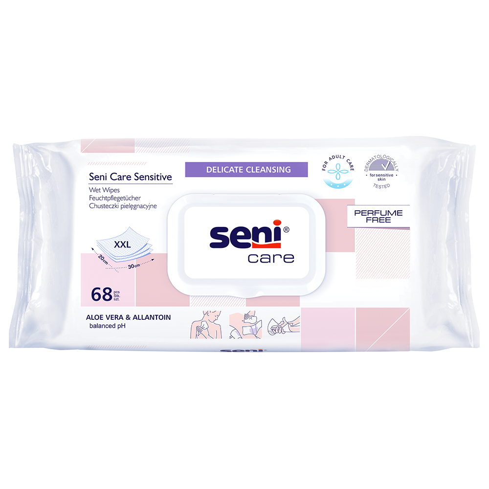 Bild der Verpackung der Seni Care Sensitive Feuchttücher